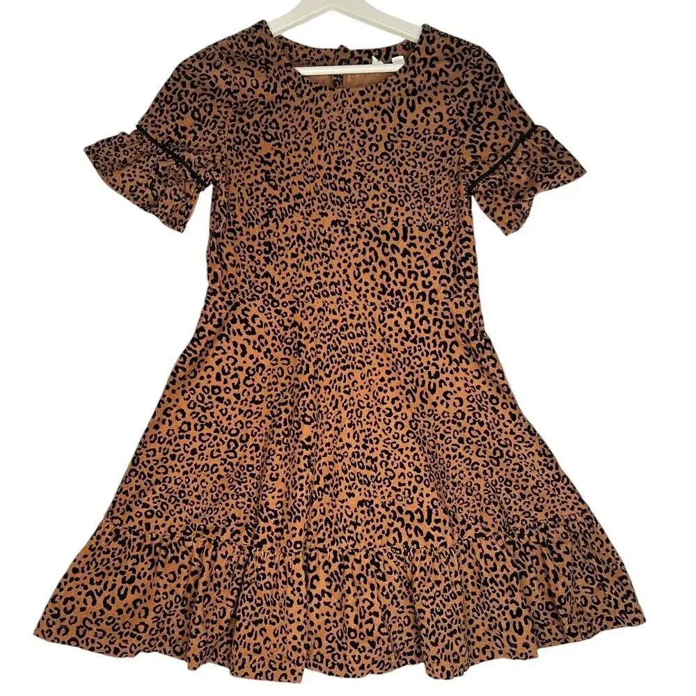 Girls Gap Leopard Print Lightweight Corduroy Ruffle Twirl Fall Dress Sz XL 12